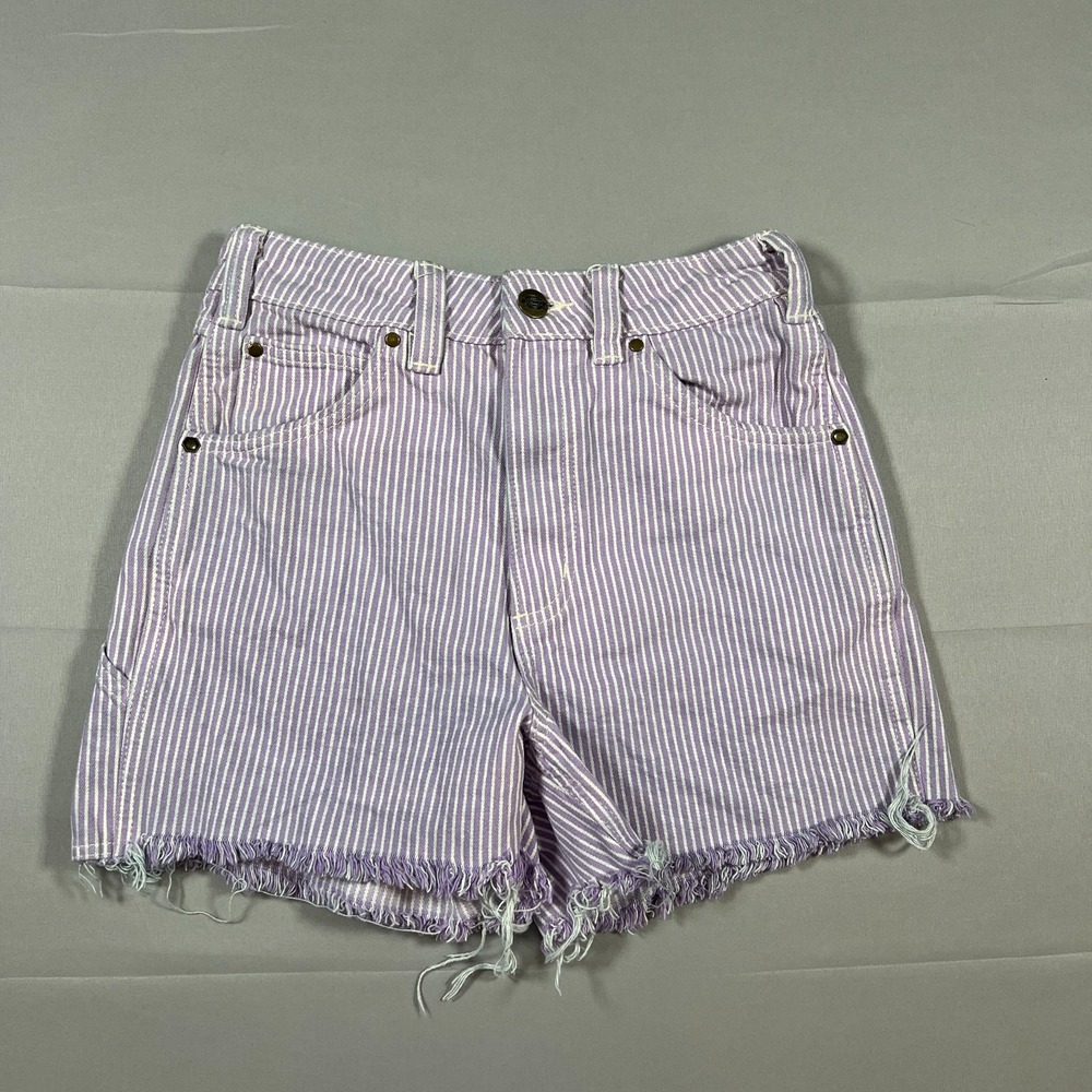 Dickies Hickory Shorts Womens 27 Purple White Cotton Vertical Stripes Fringe Hem